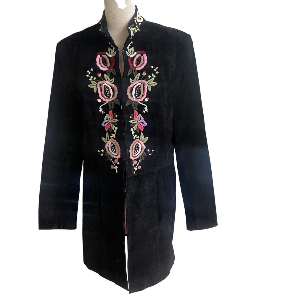 Metrostyle Black Suede‎ Embroidered Floral  Jacket Sz M  Hook Eye Coat STAINS!